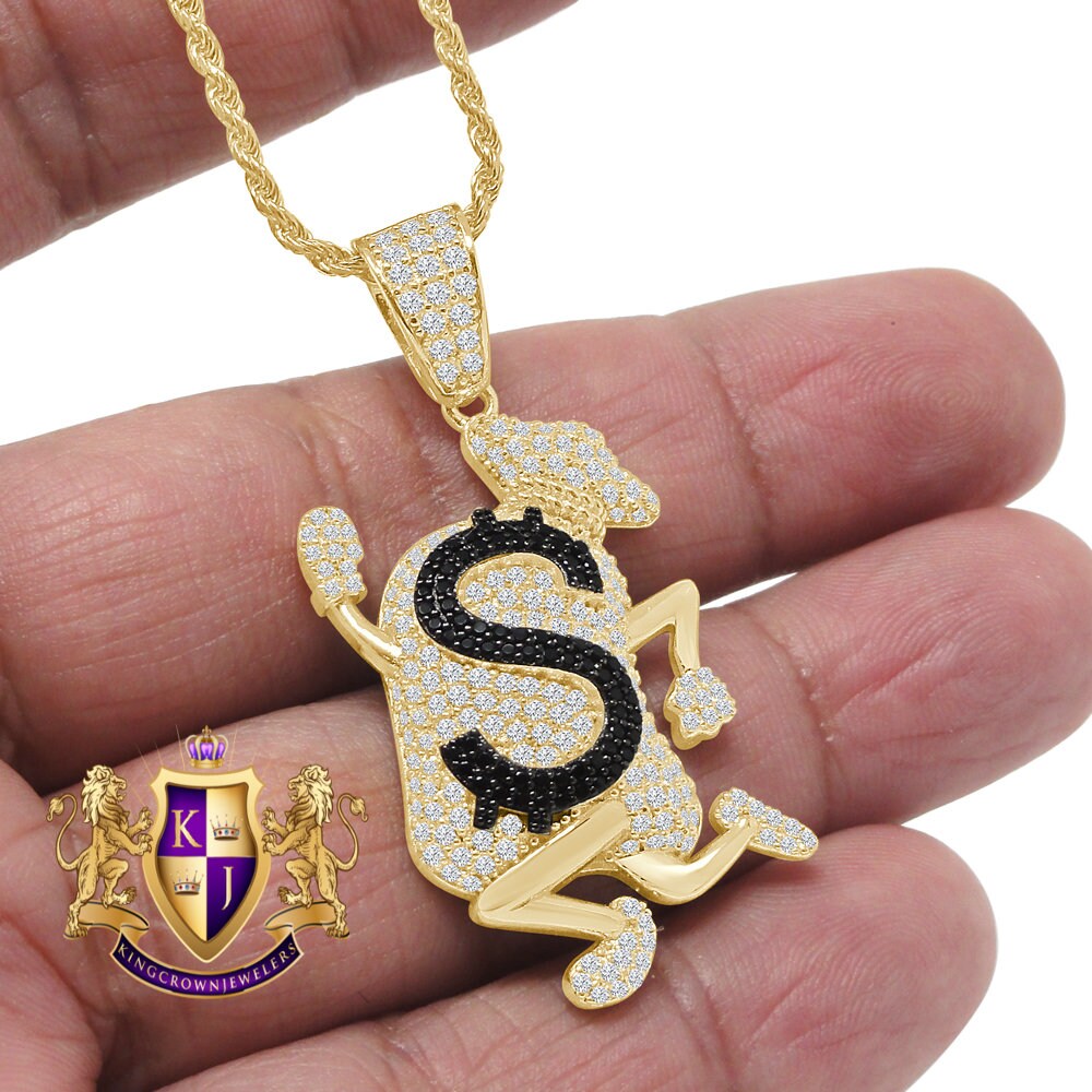 Real Sterling Silver 14K Gold Tone Dollar Logo Running Money Bag Emoji Pendant Charm + Chain