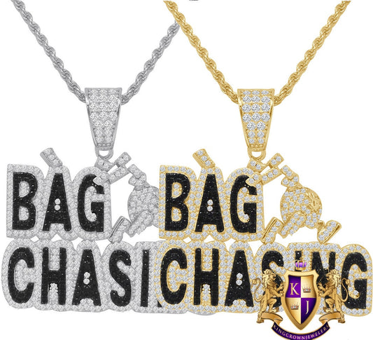Real Silver Cash Bag Chasing Money Dollar Bills Bling Rapper Pendent Charm Chain
