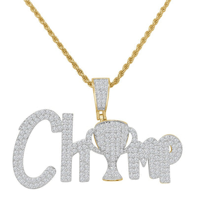 Real Yellow Gold Sterling Silver Simulated Diamond  Champion Trophy Winner Cup Pendent Charm Chain Set