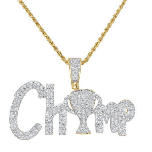 Real Yellow Gold Sterling Silver Simulated Diamond  Champion Trophy Winner Cup Pendent Charm Chain Set