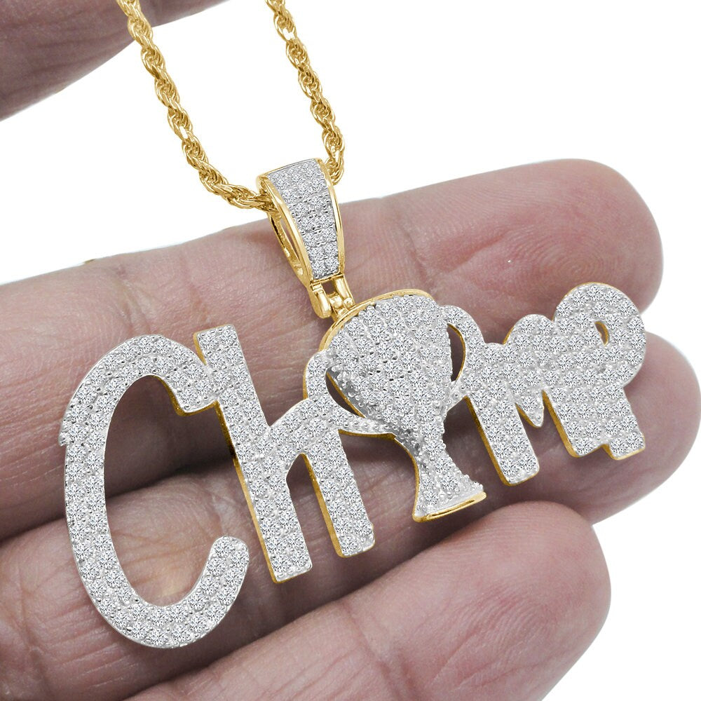 Real Yellow Gold Sterling Silver Simulated Diamond  Champion Trophy Winner Cup Pendent Charm Chain Set