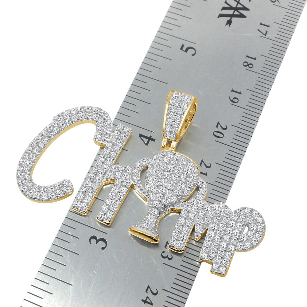 Real Yellow Gold Sterling Silver Simulated Diamond  Champion Trophy Winner Cup Pendent Charm Chain Set