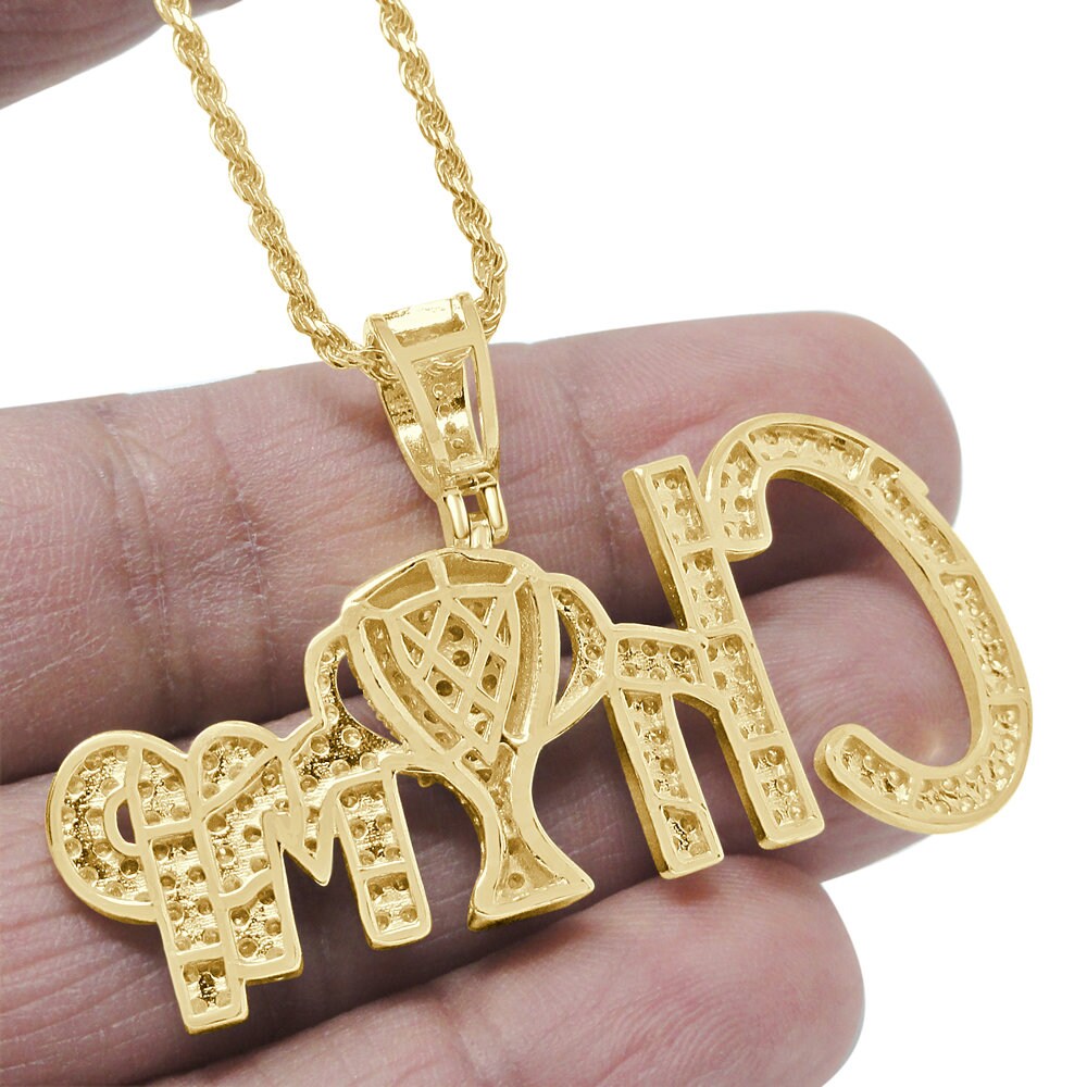 Real Yellow Gold Sterling Silver Simulated Diamond  Champion Trophy Winner Cup Pendent Charm Chain Set