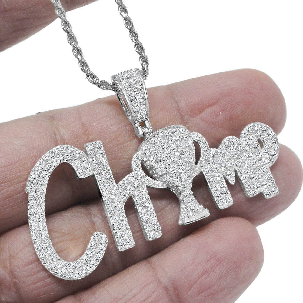 14K White Gold Over Sterling Silver Simulated Diamond  Champion Trophy Winner Cup Pendent Charm Chain Set
