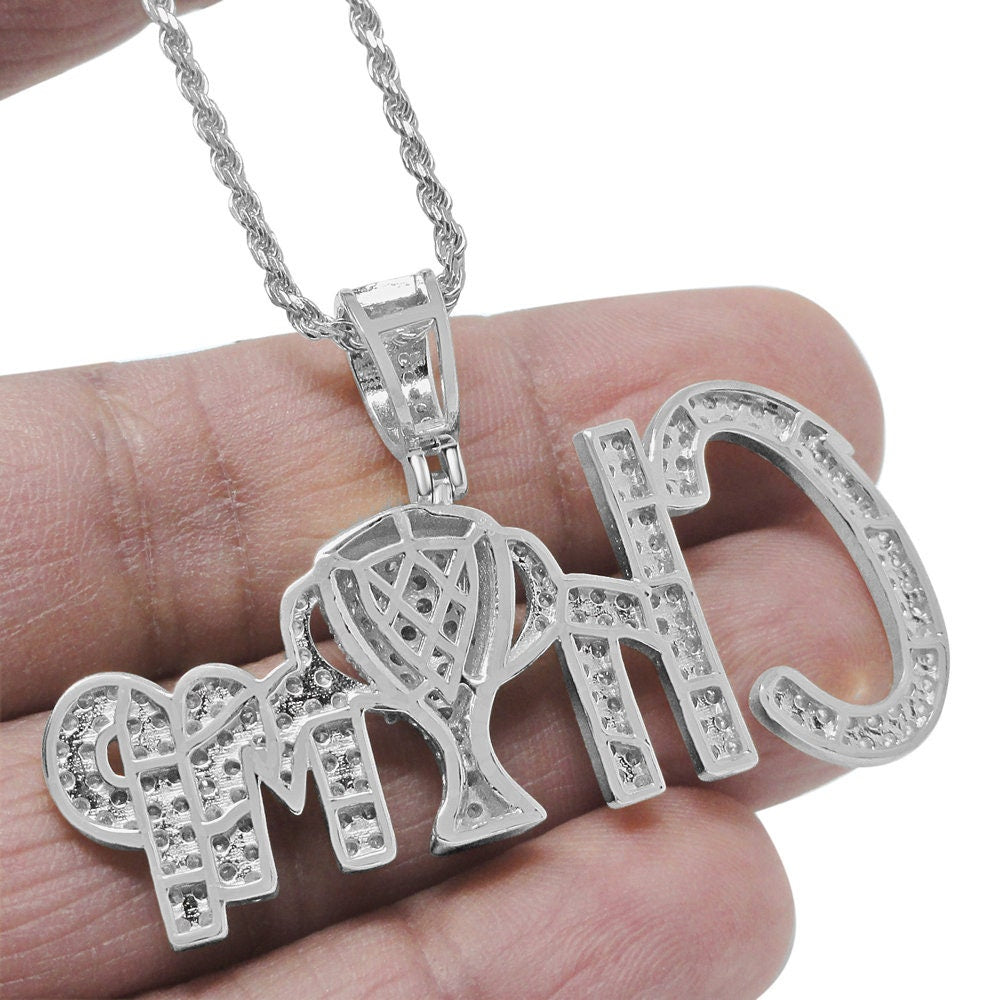 14K White Gold Over Sterling Silver Simulated Diamond  Champion Trophy Winner Cup Pendent Charm Chain Set