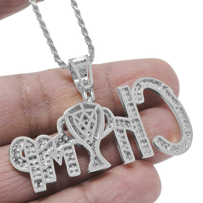 14K White Gold Over Sterling Silver Simulated Diamond  Champion Trophy Winner Cup Pendent Charm Chain Set