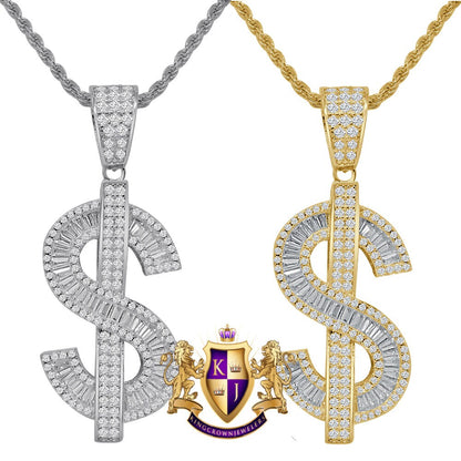 Baguette Real Silver Cash Money Dollar Sign Bling Rapper Custom Pendent Charm Chain Set