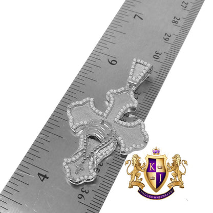 Real Sterling Silver White Gold Tone Simulated Diamond Praying Hands Cross Charm Pendent Chain Set  2''