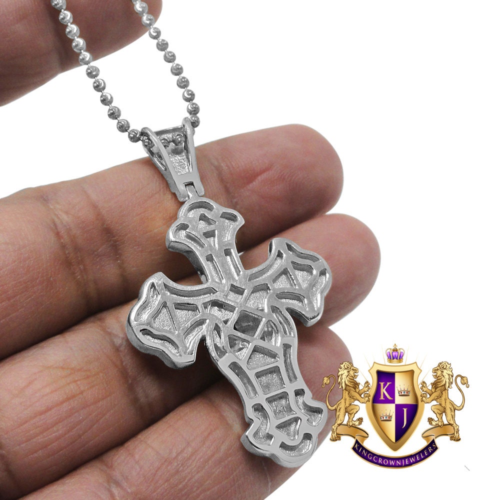 Real Sterling Silver White Gold Tone Simulated Diamond Praying Hands Cross Charm Pendent Chain Set  2''
