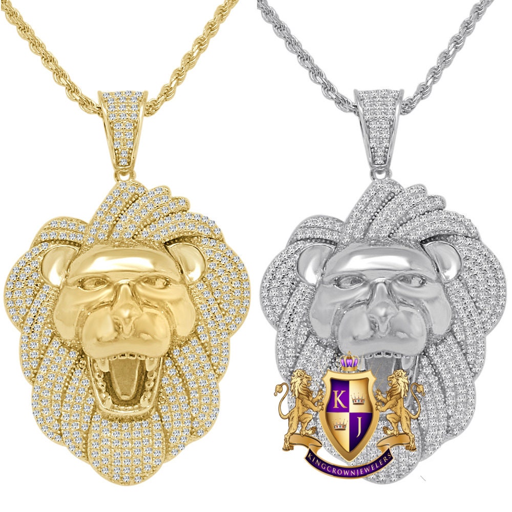 28+ Grams Real Genuine Italian Sterling Silver 14K Gold Finish Lion Head King Face 3.00 Cwt. Simulated Diamond Charm Pendent Rope Chain Set