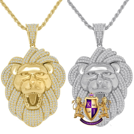 14K Gold Finish Lion King Face Simulated Diamond Charm Pendent Rope Chain Set