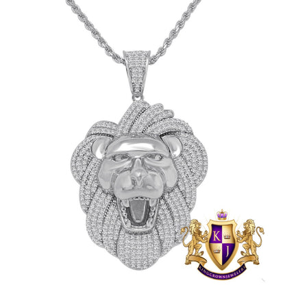 28+ Grams Real Genuine Italian Sterling Silver 14K Gold Finish Lion Head King Face 3.00 Cwt. Simulated Diamond Charm Pendent Rope Chain Set