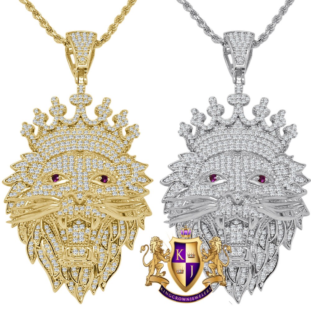 Men's 14K Gold Finish Lion King Face Simulated Diamond Charm Pendent Rope Chain Set 2.5''
