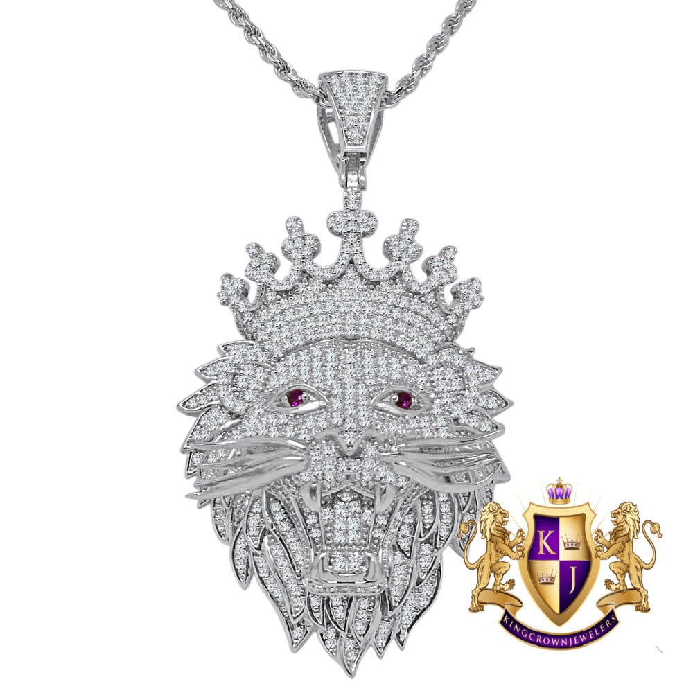 Men's 14K Gold Finish Lion King Face Simulated Diamond Charm Pendent Rope Chain Set 2.5''