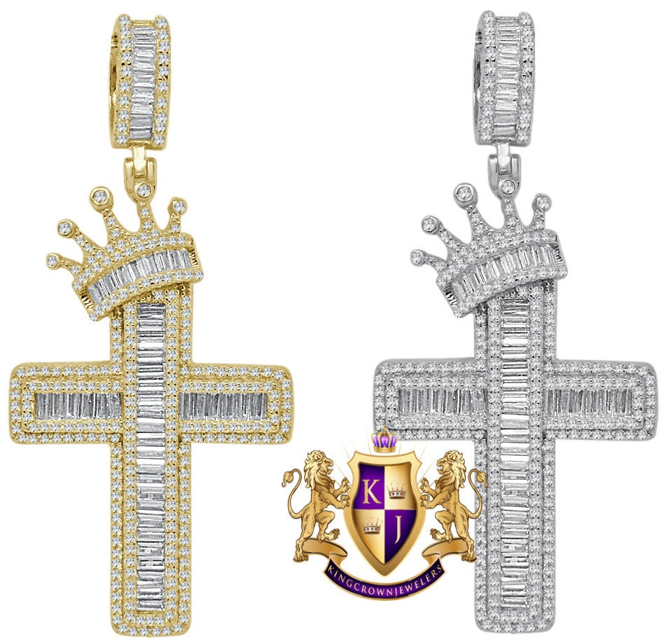 Baguette 14K Gold Finish Simulated Diamond Holy Jesus Cross Crown Pendent Charm