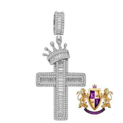 Baguette 14K Gold Finish Simulated Diamond Holy Jesus Cross Crown Pendent Charm