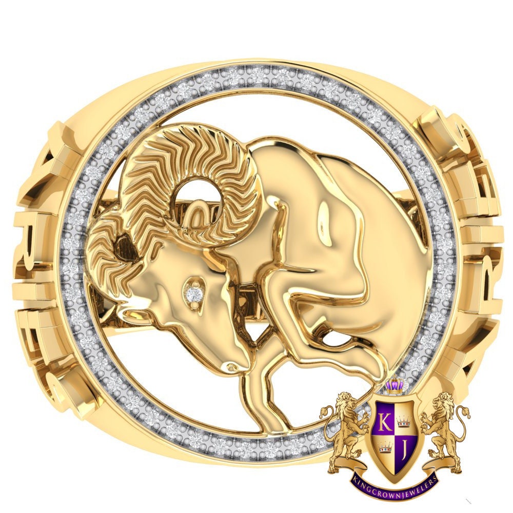 Men's Real Genuine Authentic Diamond Aries Ram Zodiac Lucky Sign Astrology Horoscope 3D Ring Band 10K Gold Finish