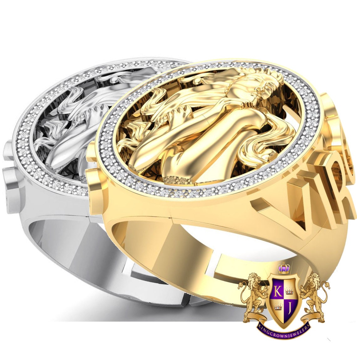 Men's Real Genuine Authentic Diamond Virgo Zodiac Lucky Sign Astrology Horoscope 3D Ring Band 10K Gold Finish