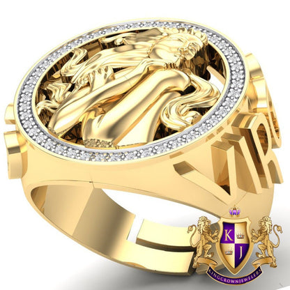 Men's Real Genuine Authentic Diamond Virgo Zodiac Lucky Sign Astrology Horoscope 3D Ring Band 10K Gold Finish