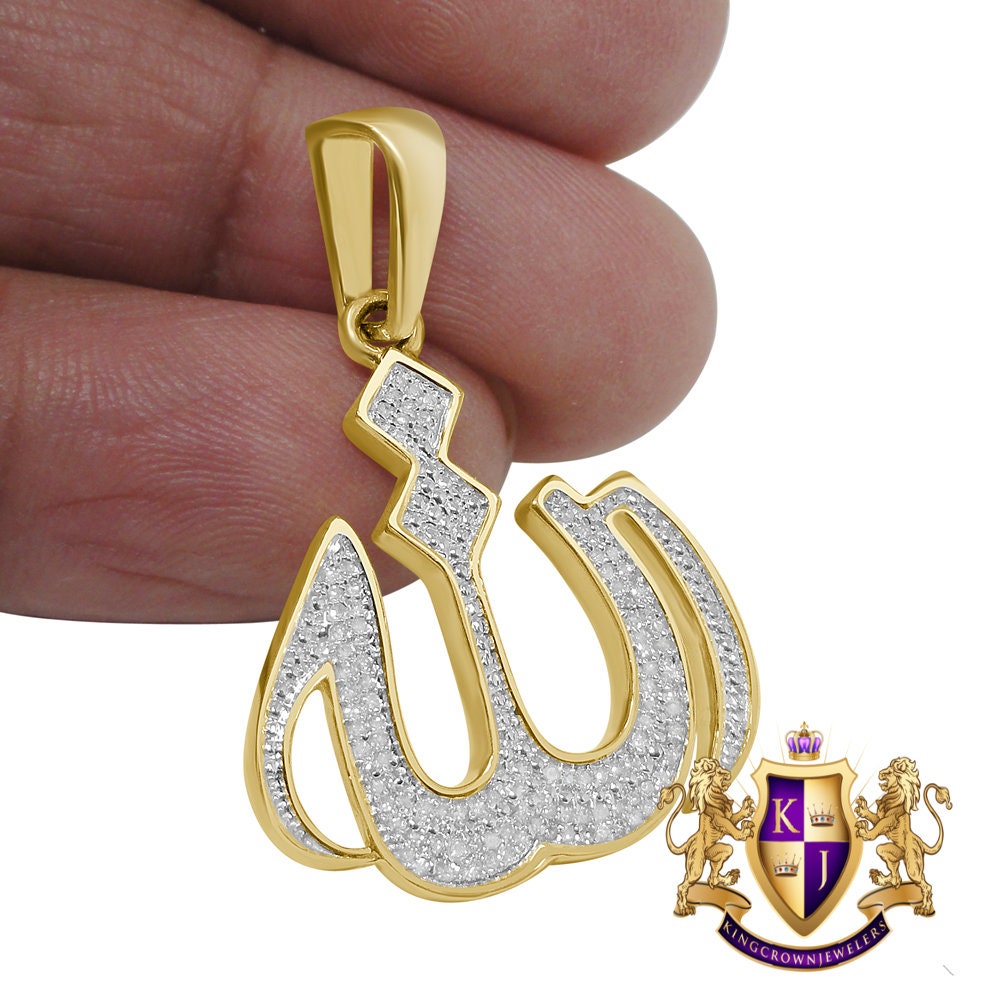 10K Real Yellow Gold Genuine Diamond 0.33 Cwt. Allah Muslim Arabic Islamic Pendant Pave Charm 1.35''
