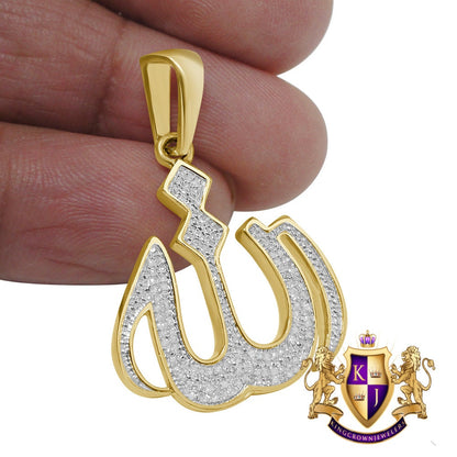 10K Real Yellow Gold Genuine Diamond 0.33 Cwt. Allah Muslim Arabic Islamic Pendant Pave Charm 1.35''