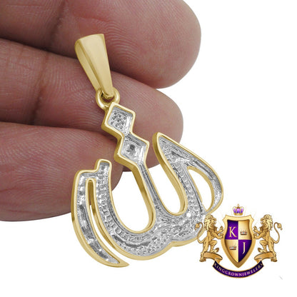 10K Real Yellow Gold Genuine Diamond 0.33 Cwt. Allah Muslim Arabic Islamic Pendant Pave Charm 1.35''