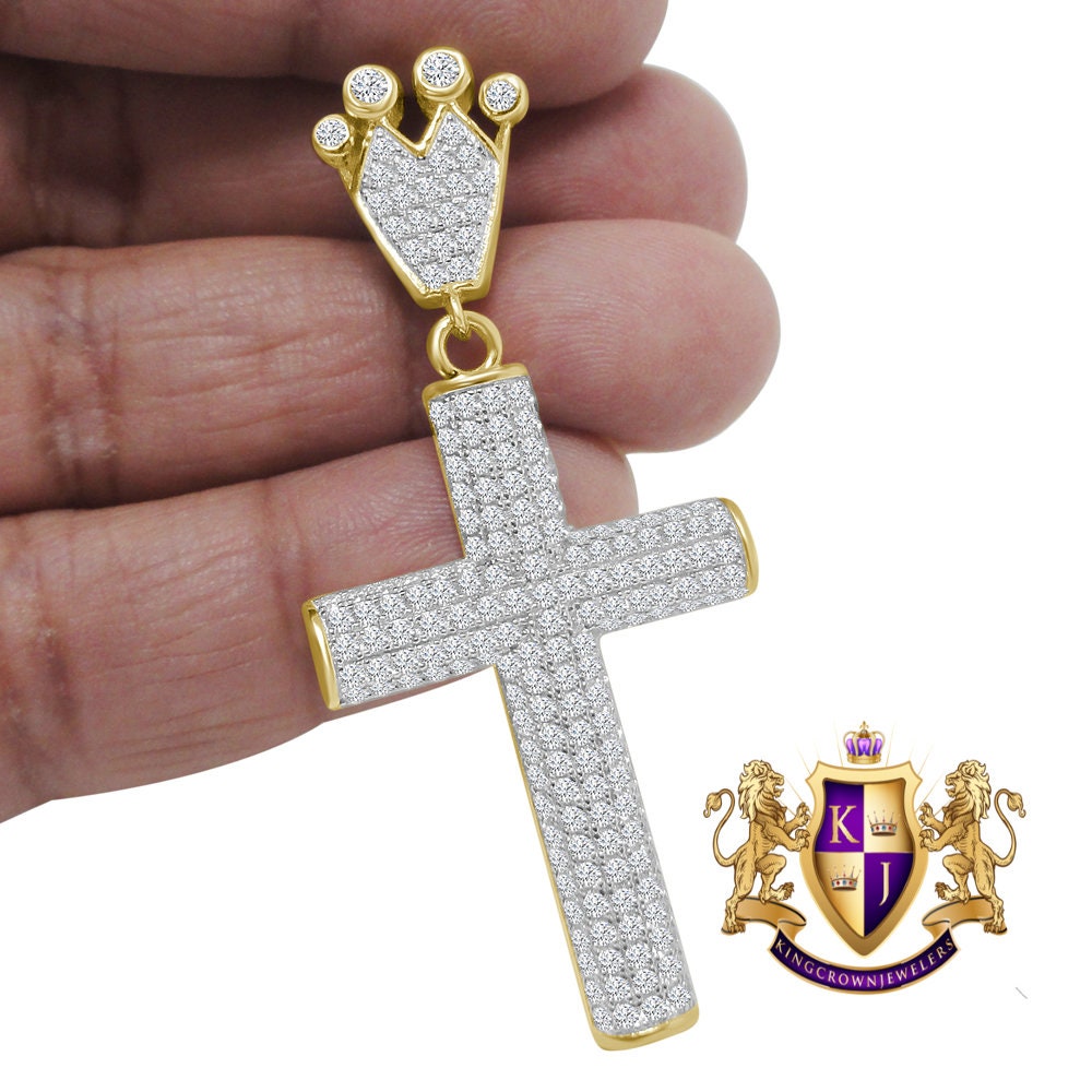 Real Yellow Gold Sterling Silver Simulated Diamond Jesus Cross Crown Pendent Charm 2.5''
