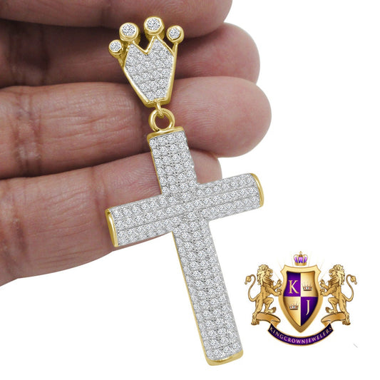 Real Yellow Gold Sterling Silver Simulated Diamond Jesus Cross Crown Pendent Charm 2.5''