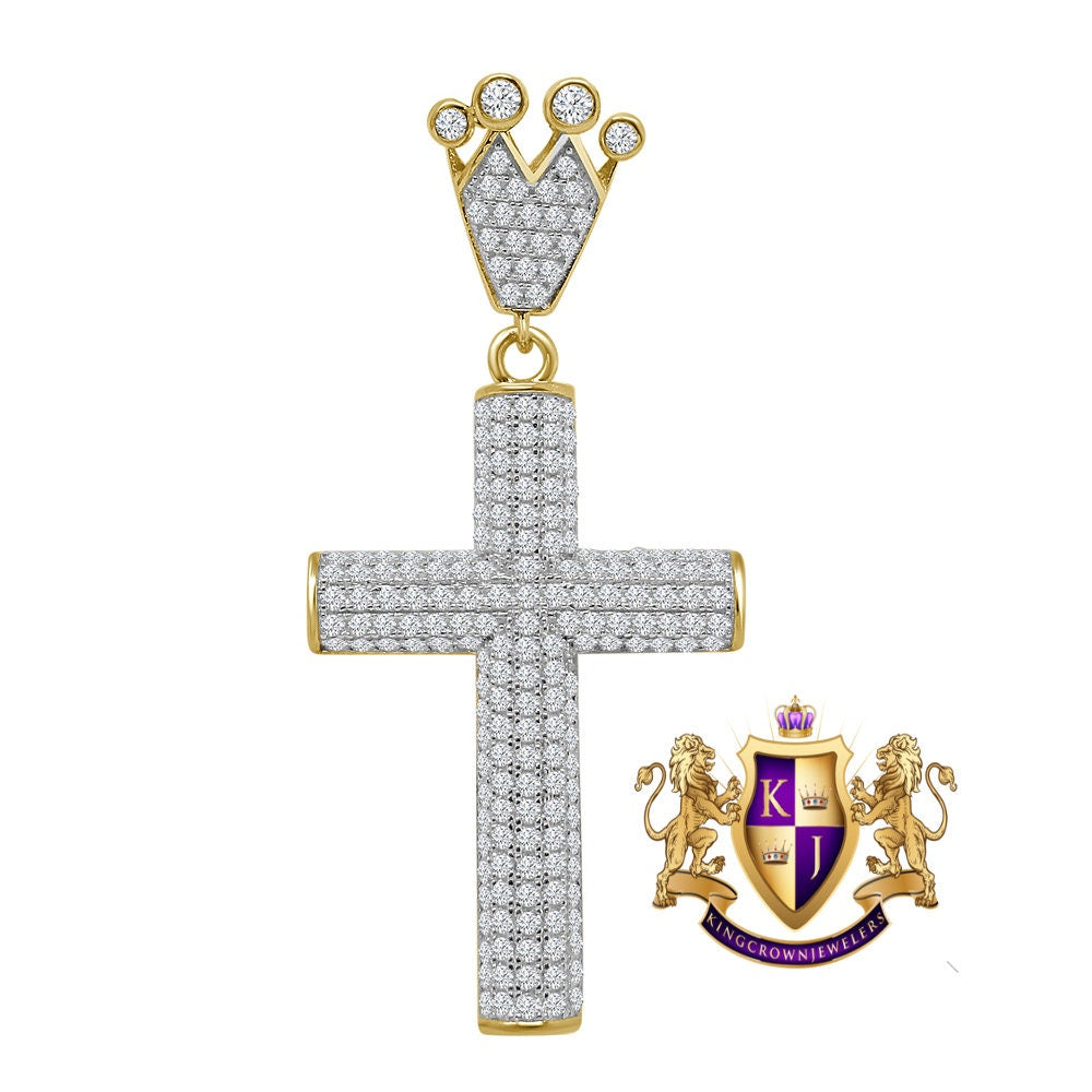 Real Yellow Gold Sterling Silver Simulated Diamond Jesus Cross Crown Pendent Charm 2.5''