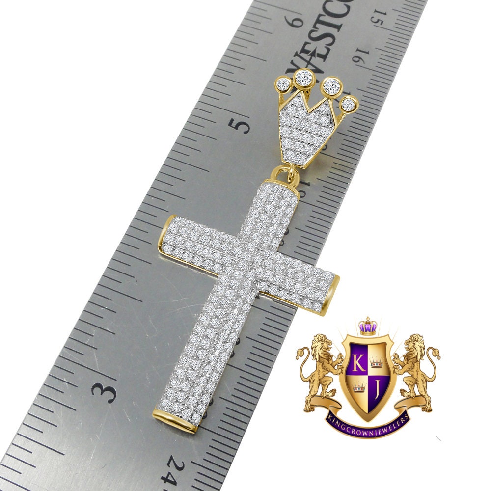 Real Yellow Gold Sterling Silver Simulated Diamond Jesus Cross Crown Pendent Charm 2.5''