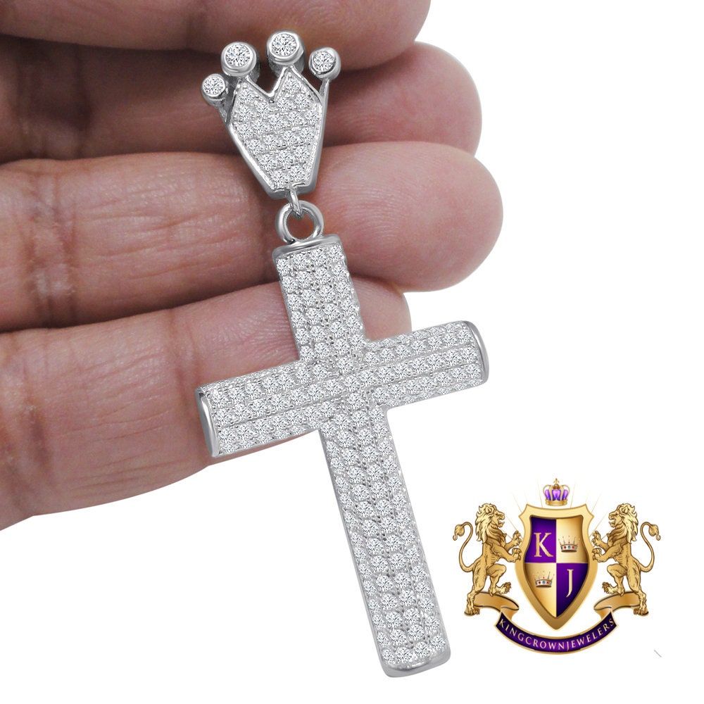 Real White Gold On Genuine Sterling Silver Simulated Diamond Jesus Cross Crown Pendent Charm 2.5''