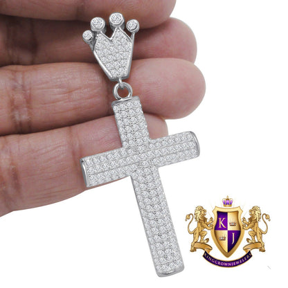 Real White Gold On Genuine Sterling Silver Simulated Diamond Jesus Cross Crown Pendent Charm 2.5''