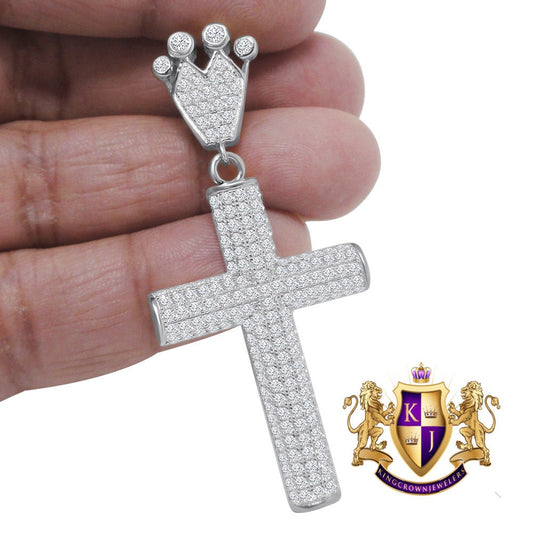 Real White Gold On Genuine Sterling Silver Simulated Diamond Jesus Cross Crown Pendent Charm 2.5''