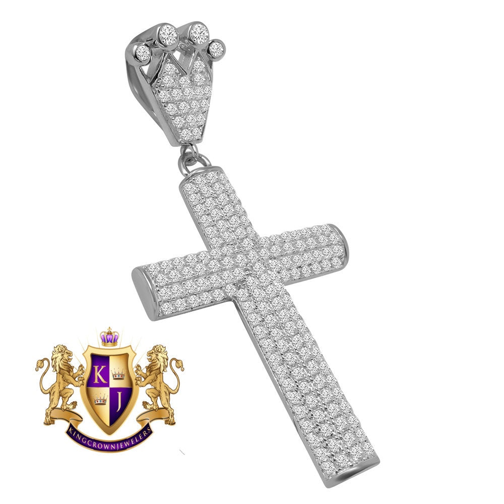 Real White Gold On Genuine Sterling Silver Simulated Diamond Jesus Cross Crown Pendent Charm 2.5''