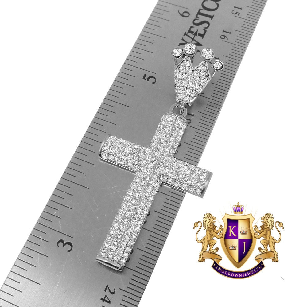 Real White Gold On Genuine Sterling Silver Simulated Diamond Jesus Cross Crown Pendent Charm 2.5''