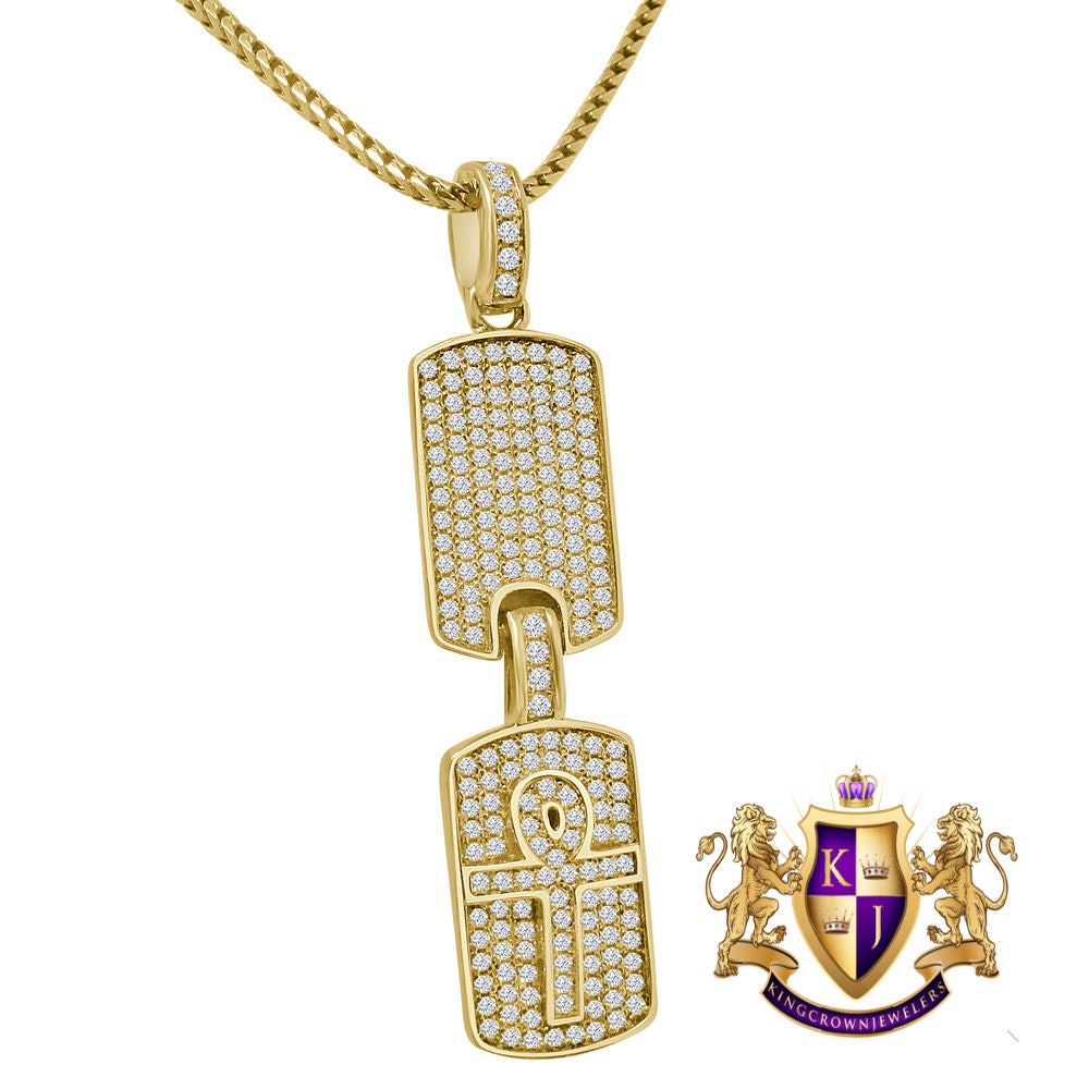 Real Sterling Silver Yellow Gold Tone Simulated Diamond Double Dog Tad Egyptian Ankh Cross Charm Pendent Chain Set