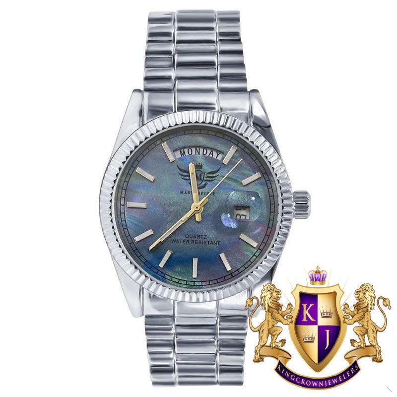 Men's MOP  Dial  14K White Gold Tone Day/Date Function Solid Steel Back Water Resistance Metal Band Watch
