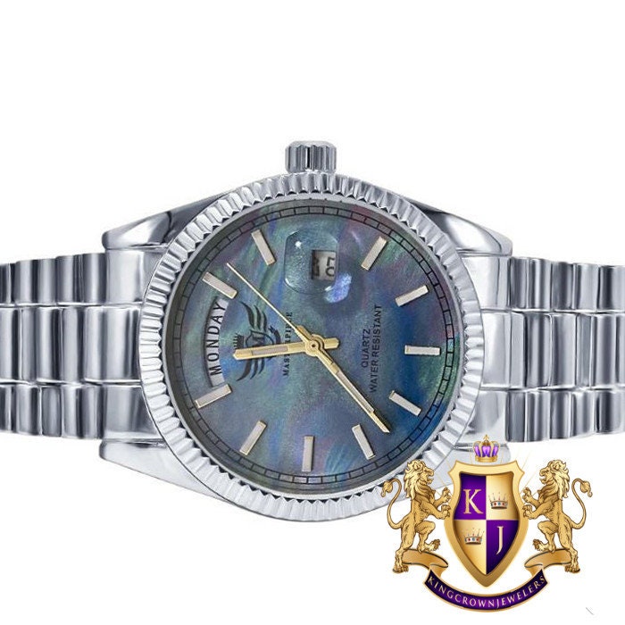 Men's MOP  Dial  14K White Gold Tone Day/Date Function Solid Steel Back Water Resistance Metal Band Watch