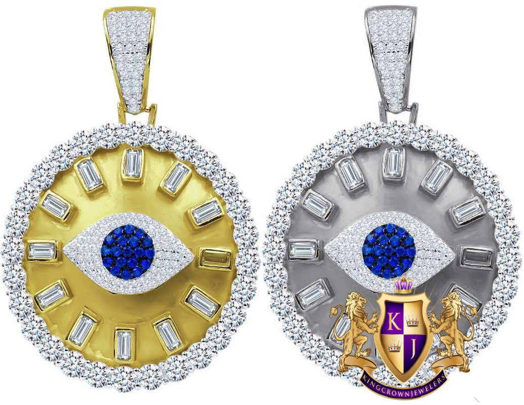 Baguette 14K Gold On Real Italian Sterling Silver Simulated Diamond Evil Eye Custom Pendent  Charm Medallion 2''