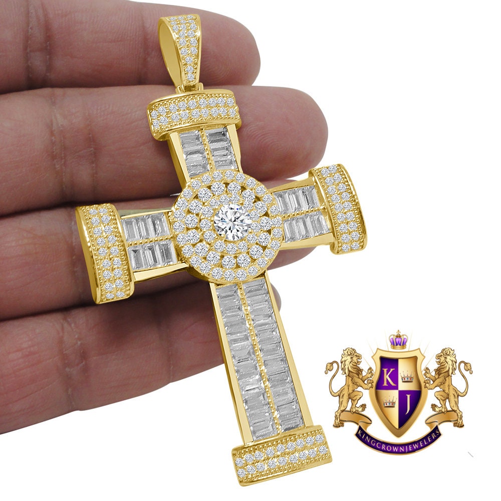 Baguette XL 3.25 '' 14K Yellow Gold Finish Simulated Diamond Jesus Cross Pendent Charm