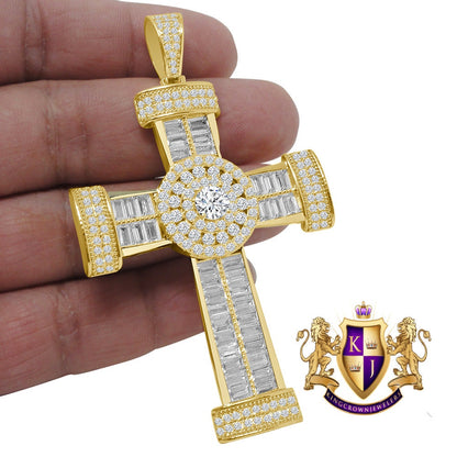 Baguette XL 3.25 '' 14K Yellow Gold Finish Simulated Diamond Jesus Cross Pendent Charm