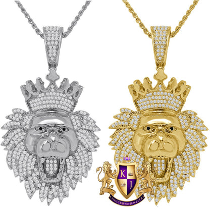 Custom Piece 14K Gold Finish Simulated Diamond Lion King Head Crown Charm Pendent Chain Set