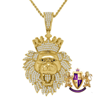 Custom Piece 14K Gold Finish Simulated Diamond Lion King Head Crown Charm Pendent Chain Set