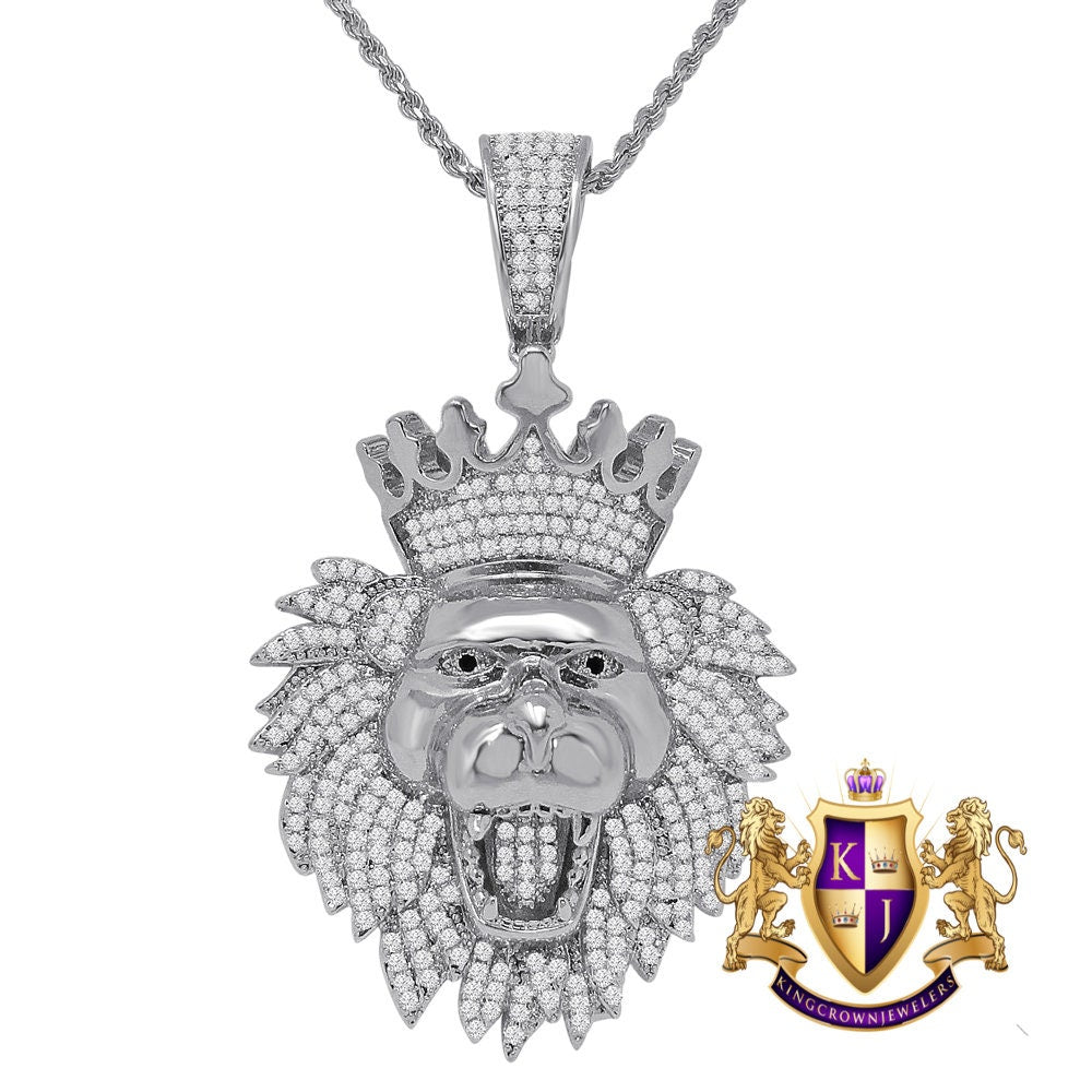 Custom Piece 14K Gold Finish Simulated Diamond Lion King Head Crown Charm Pendent Chain Set