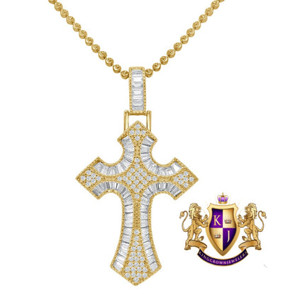 Baguette Real Silver Religious Charm Pendent  Gold Finish Simulated Diamond Jesus Cross Chain Set
