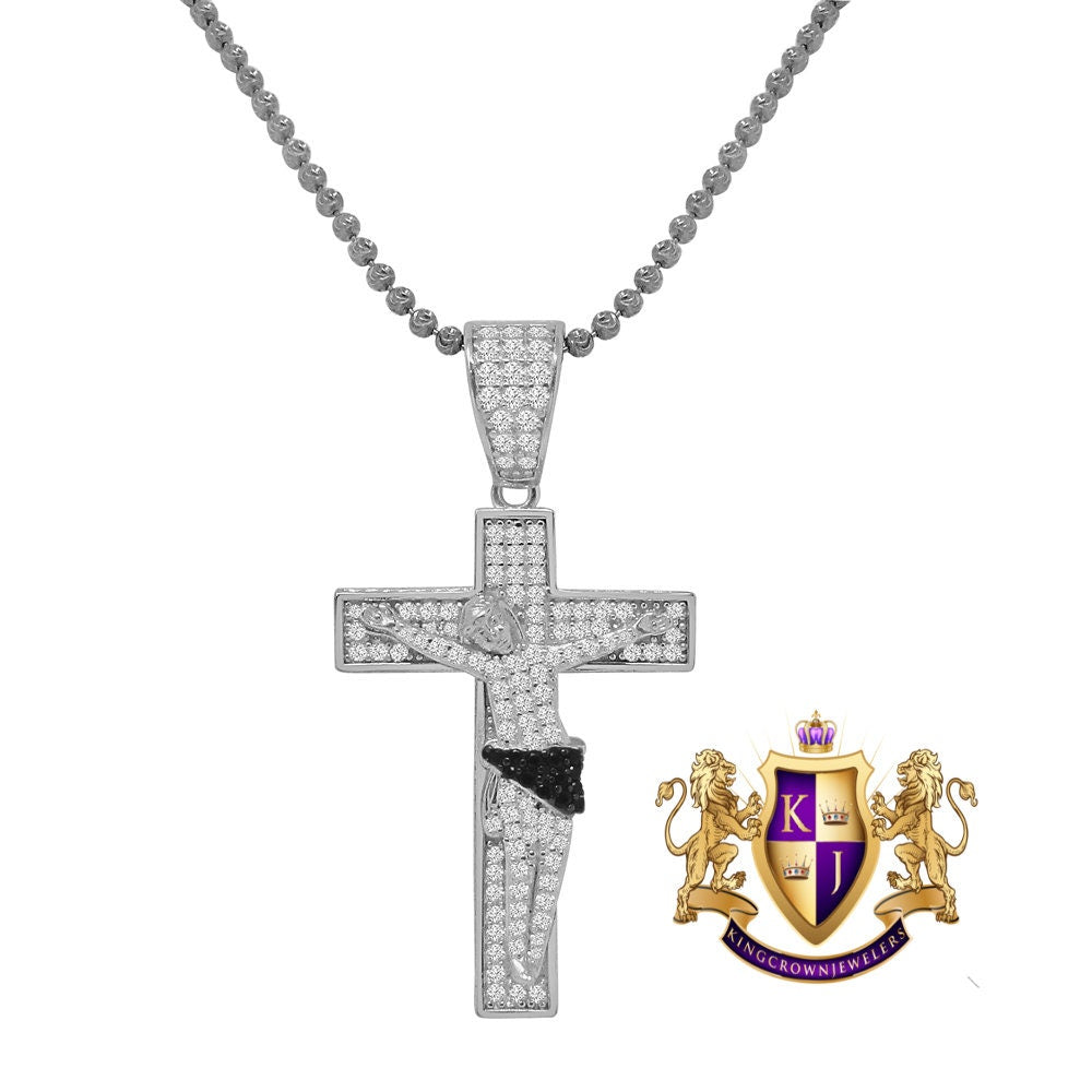 Baguette Real Silver Religious Charm Pendent  Gold Finish Simulated Diamond Jesus Crucifix Cross Chain Set