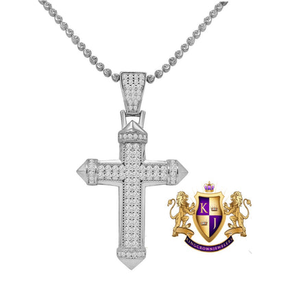 Unisex Real Silver Religious Mini Charm Pendent  Gold Finish Simulated Diamond Jesus Cross Chain Set