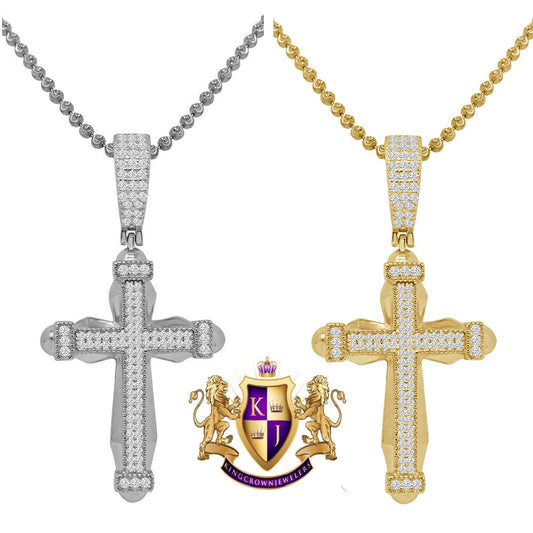 Real Genuine Sterling Silver Religious Mini Charm Pendent  Gold Finish Simulated Diamond Jesus Cross Chain Set