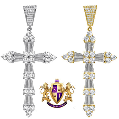 Baguette Real Genuine Sterling Silver 14K Gold Finish Simulated Diamonds Holy Jesus Cross Pendent Charm 2.75''