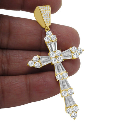 Baguette Real Genuine Sterling Silver 14K Gold Finish Simulated Diamonds Holy Jesus Cross Pendent Charm 2.75''